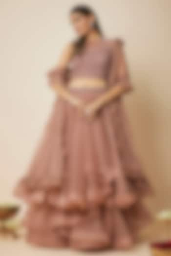 Mauve Tulle Lehenga Set by FATIZ