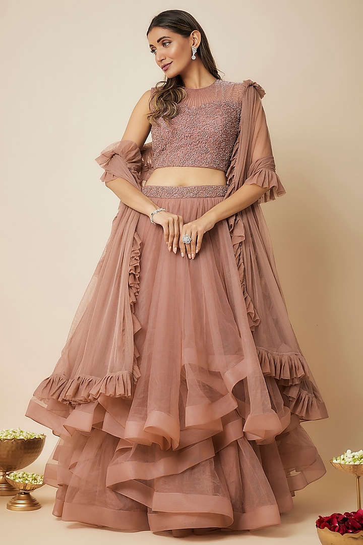 Mauve Tulle Lehenga Set by FATIZ