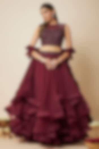 Wine Tulle Lehenga Set by FATIZ