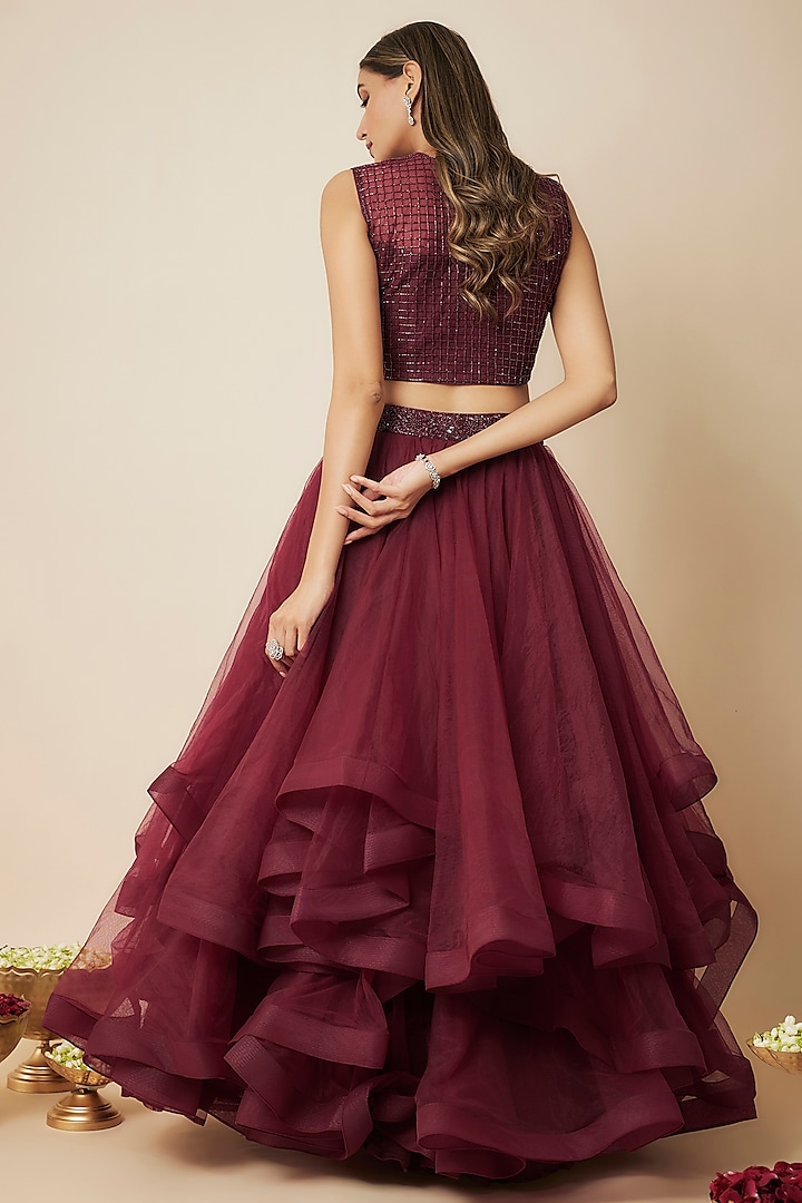Wine Tulle Wedding Lehenga Set by FATIZ at Pernia's Pop Up Shop