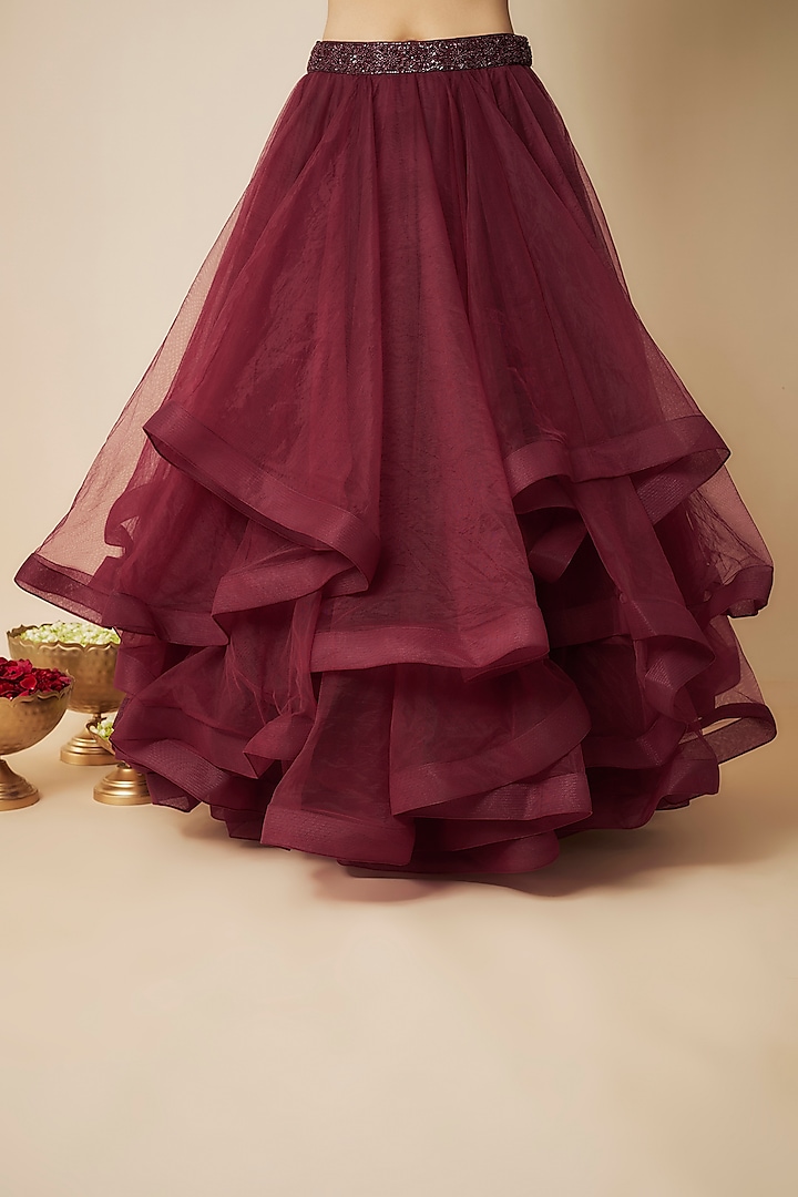 Wine Tulle Wedding Lehenga Set by FATIZ at Pernia's Pop Up Shop