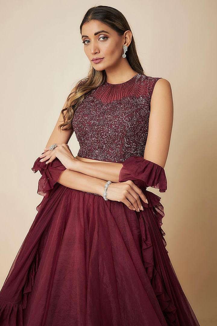 Wine Tulle Wedding Lehenga Set by FATIZ at Pernia's Pop Up Shop