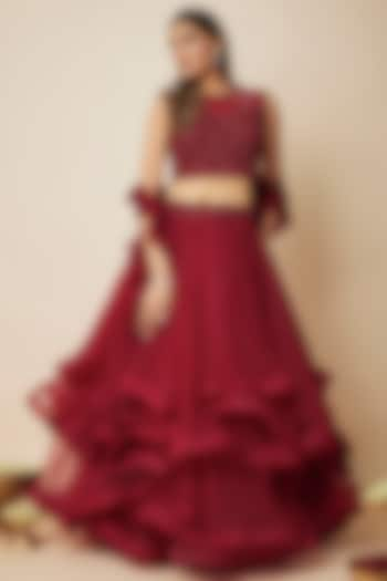 Deep Red Tulle Wedding Lehenga Set by FATIZ at Pernia's Pop Up Shop