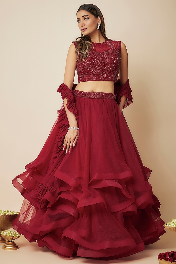 Deep Red Tulle Wedding Lehenga Set by FATIZ at Pernia's Pop Up Shop