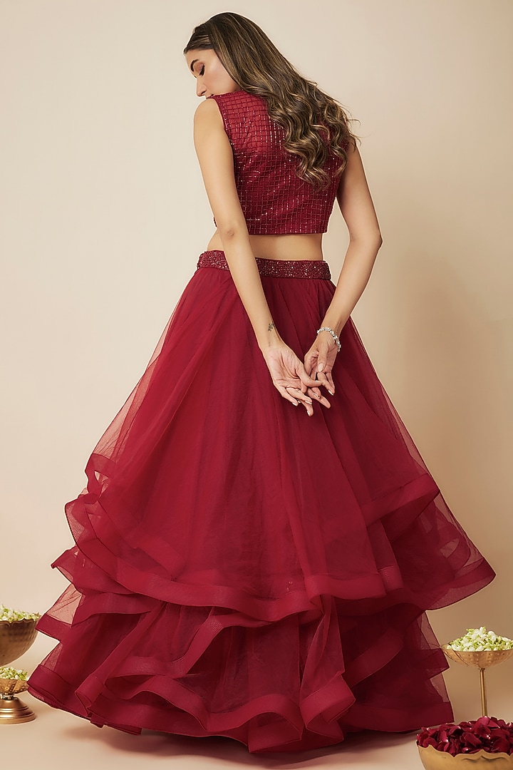 Deep Red Tulle Wedding Lehenga Set by FATIZ at Pernia's Pop Up Shop