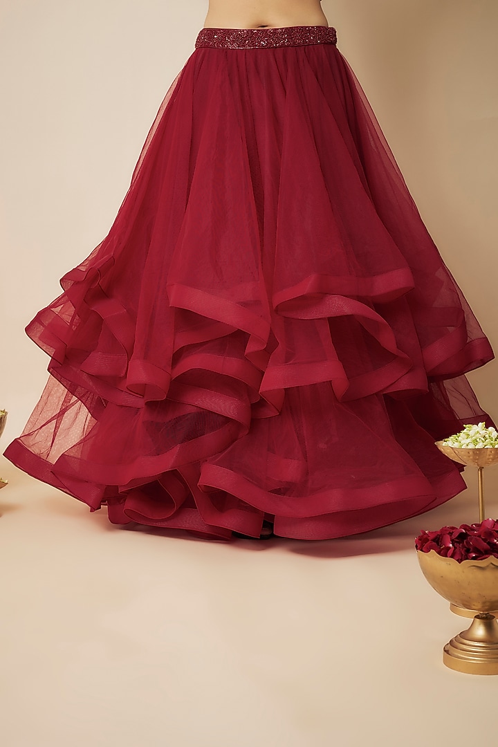 Deep Red Tulle Wedding Lehenga Set by FATIZ at Pernia's Pop Up Shop
