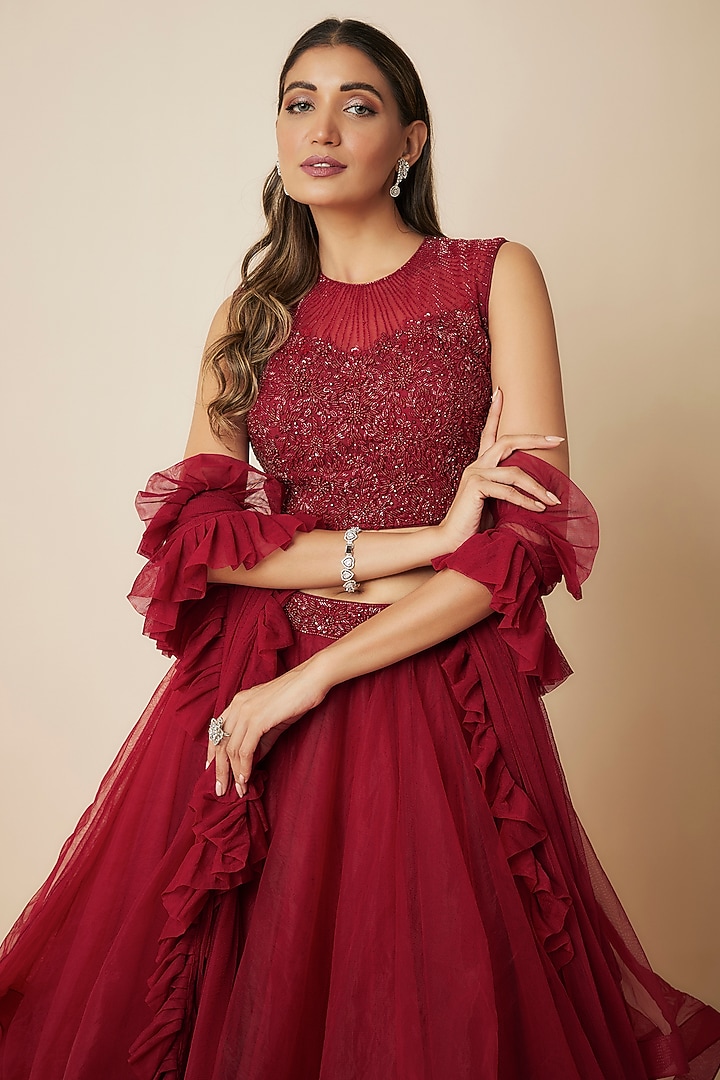 Deep Red Tulle Wedding Lehenga Set by FATIZ at Pernia's Pop Up Shop
