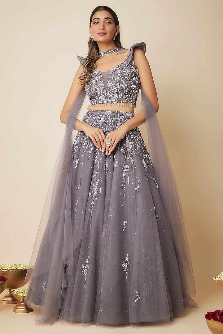 Grape Grey Tulle Sequins Embellished Wedding Lehenga Set by FATIZ at Pernia's Pop Up Shop