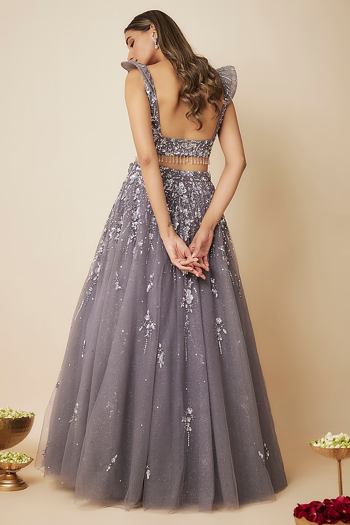 Grape Grey Tulle Sequins Embellished Wedding Lehenga Set by FATIZ at Pernia's Pop Up Shop