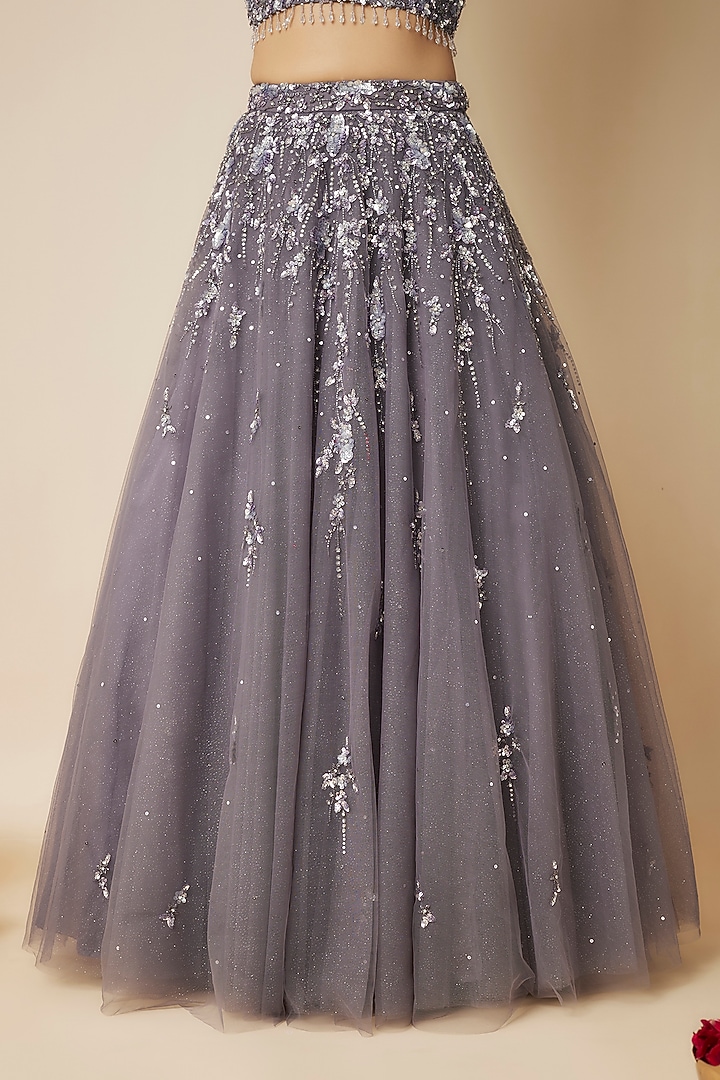 Grape Grey Tulle Sequins Embellished Wedding Lehenga Set by FATIZ at Pernia's Pop Up Shop
