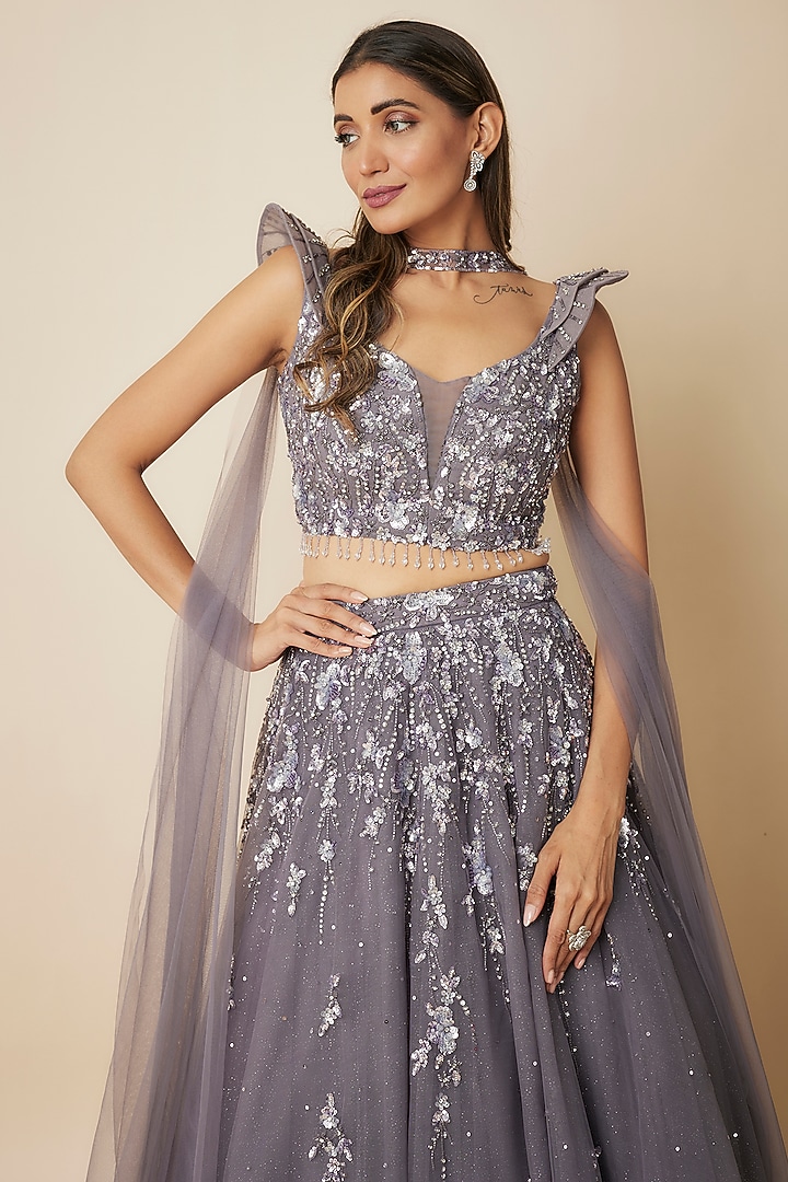 Grape Grey Tulle Sequins Embellished Wedding Lehenga Set by FATIZ at Pernia's Pop Up Shop