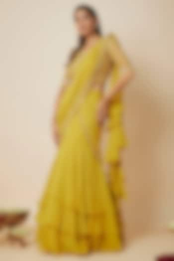 Mustard Yellow Georgette Layered Draped Saree Set by FATIZ at Pernia's Pop Up Shop