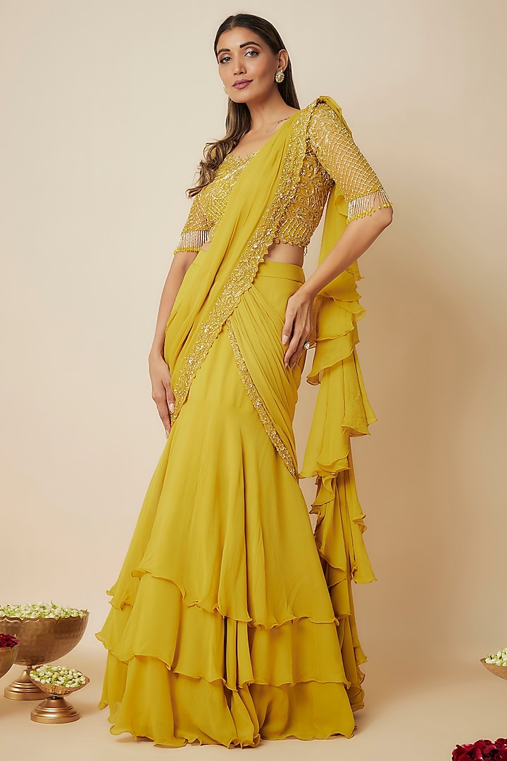 Mustard Yellow Georgette Layered Draped Saree Set by FATIZ at Pernia's Pop Up Shop