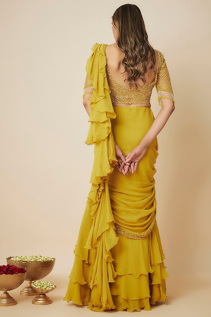 Mustard Yellow Georgette Layered Draped Wedding Saree Set by FATIZ at Pernia's Pop Up Shop