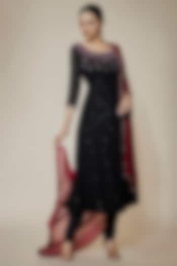 Black Georgette Sequins Embellished Anarkali Set by FATIZ