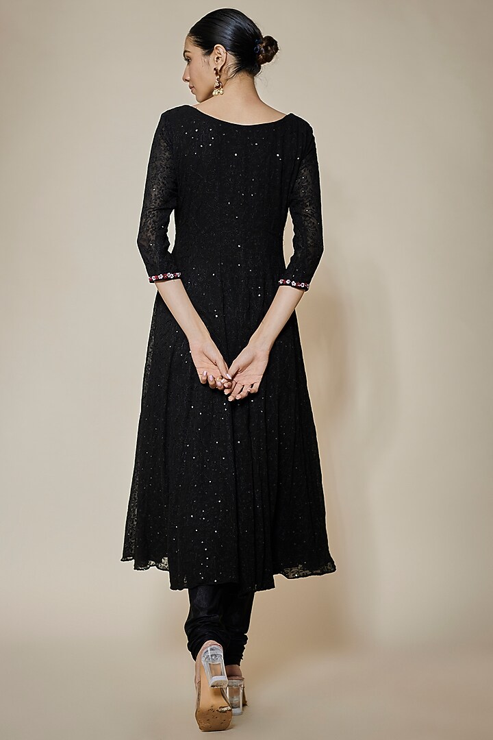 Black Georgette Sequins Embellished Party Wear Anarkali Set by FATIZ at Pernia's Pop Up Shop