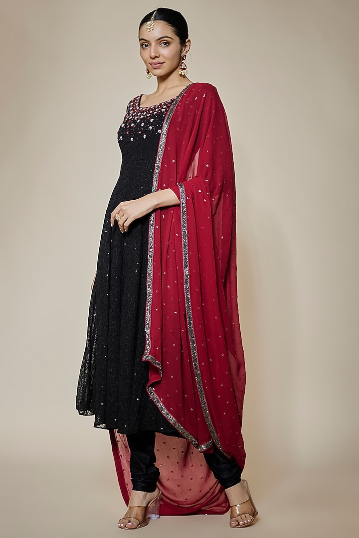 Black Georgette Sequins Embellished Party Wear Anarkali Set by FATIZ at Pernia's Pop Up Shop