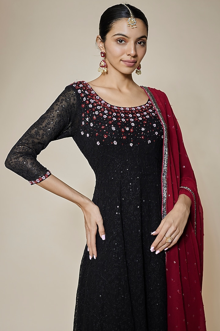 Black Georgette Sequins Embellished Party Wear Anarkali Set by FATIZ at Pernia's Pop Up Shop