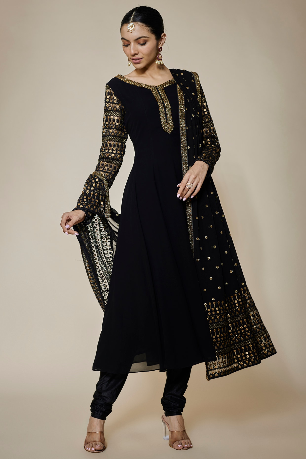 Beautiful Black Color Faux Georgette Anarkali Suit With Thred Work For –  Lehenga Closet