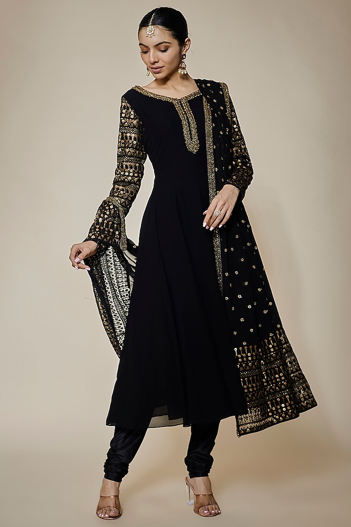 Black Georgette Sequins Embellished Anarkali Set by FATIZ
