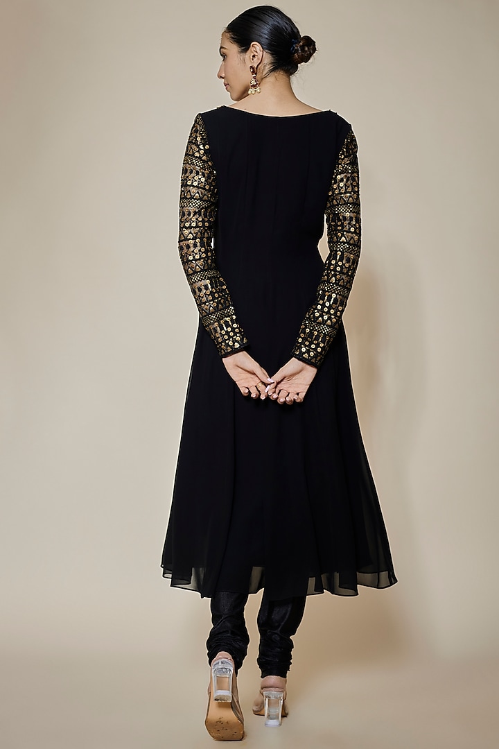 Black Georgette Sequins Embellished Party Wear Anarkali Set by FATIZ at Pernia's Pop Up Shop