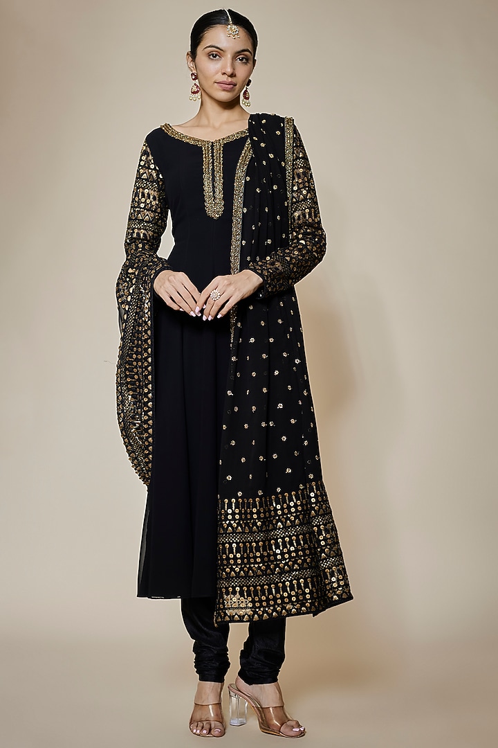 Black Georgette Sequins Embellished Party Wear Anarkali Set by FATIZ at Pernia's Pop Up Shop