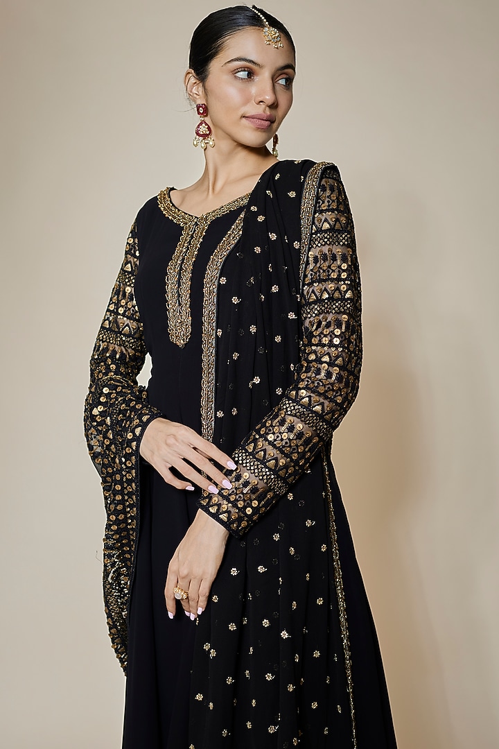 Black Georgette Sequins Embellished Party Wear Anarkali Set by FATIZ at Pernia's Pop Up Shop