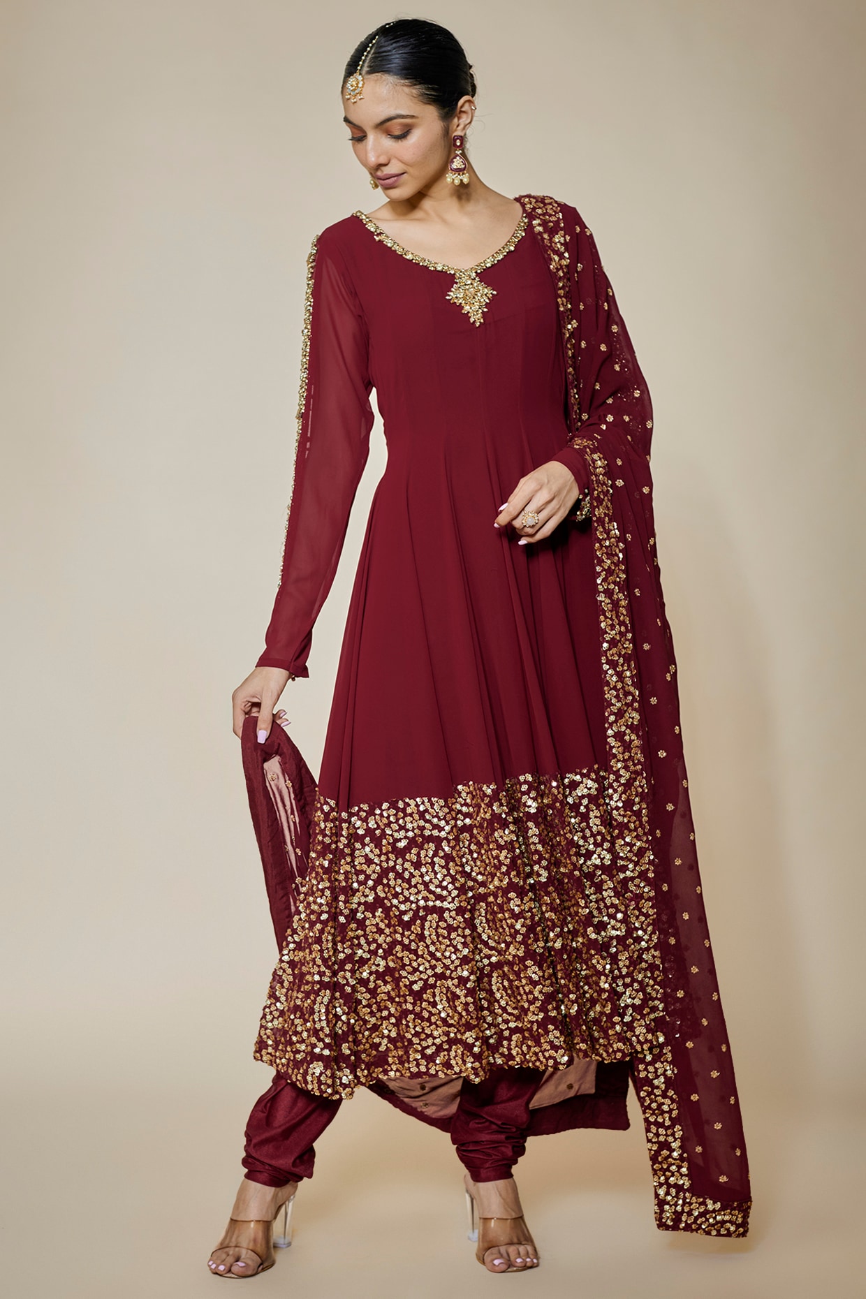 Party Wear, Reception Red and Maroon color Georgette fabric Salwar Kameez :  1863247