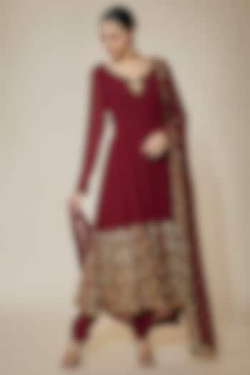 Maroon Georgette Sequins Embellished Anarkali Set by FATIZ