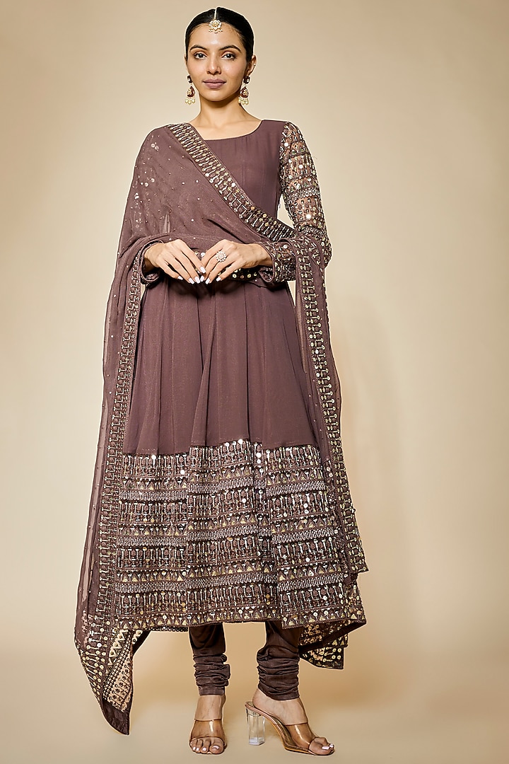 Mauve Georgette Sequins Embellished Anarkali Set by FATIZ