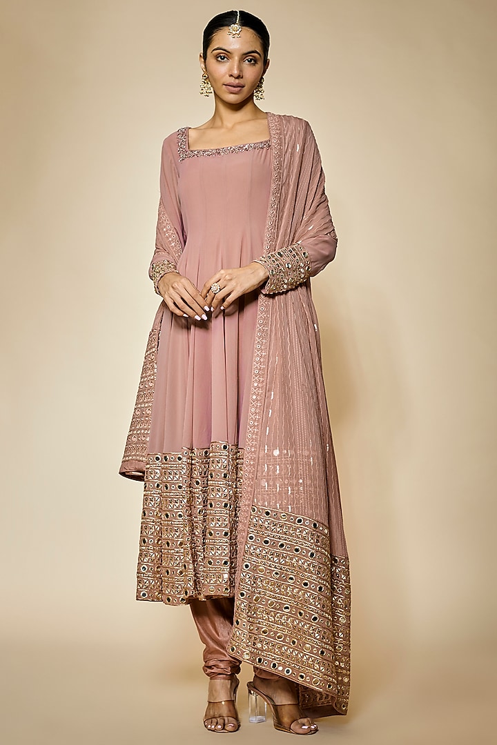 Dusty Rose Pink Georgette Sequins Embellished Anarkali Set by FATIZ at Pernia's Pop Up Shop