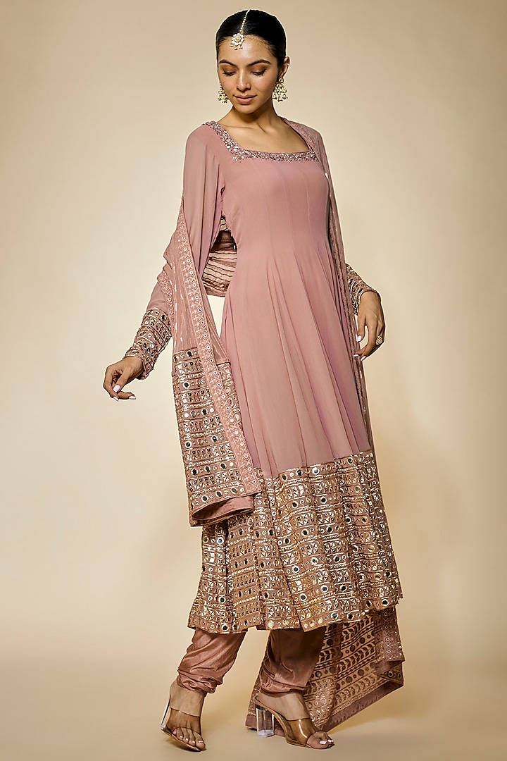 Dusty Rose Pink Georgette Sequins Embellished Party Wear Anarkali Set by FATIZ at Pernia's Pop Up Shop