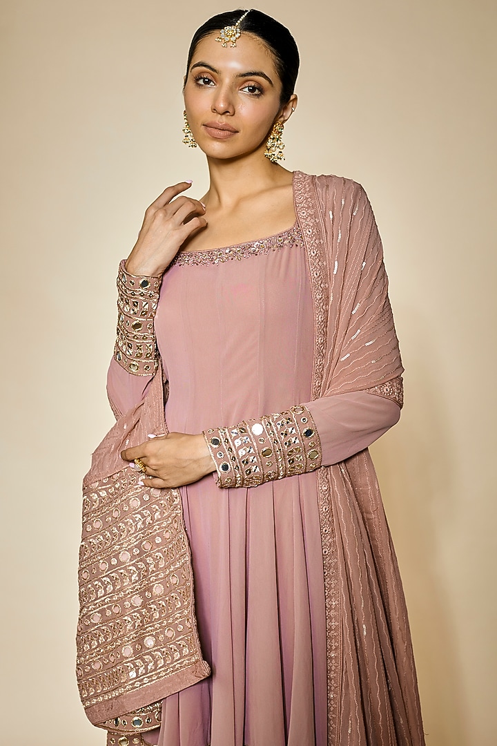 Dusty Rose Pink Georgette Sequins Embellished Party Wear Anarkali Set by FATIZ at Pernia's Pop Up Shop