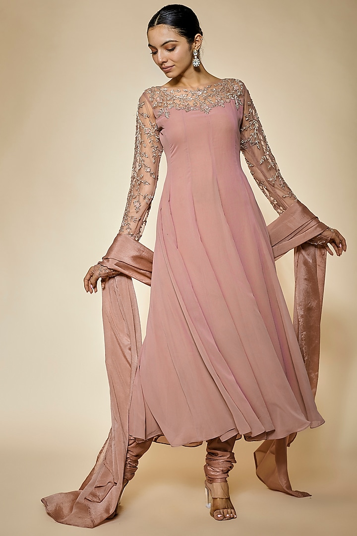 Dusty Rose Pink Georgette Sequins Embellished Anarkali Set by FATIZ