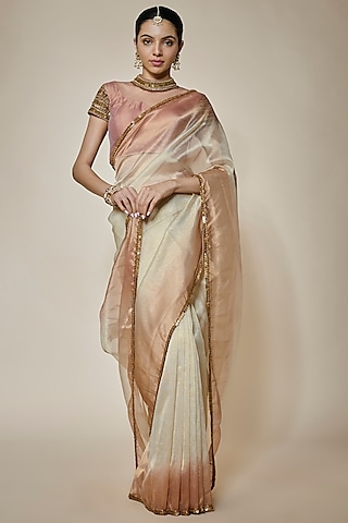 Ivory & Nude Pink Tissue Organza Sequins Embellished Saree Set by FATIZ