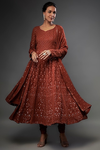 Burnt Orange Georgette Chikankari Embroidered Anarkali Set by FATIZ