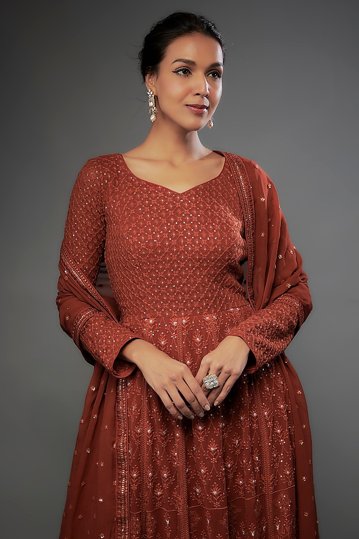 Burnt orange anarkali set main image 0