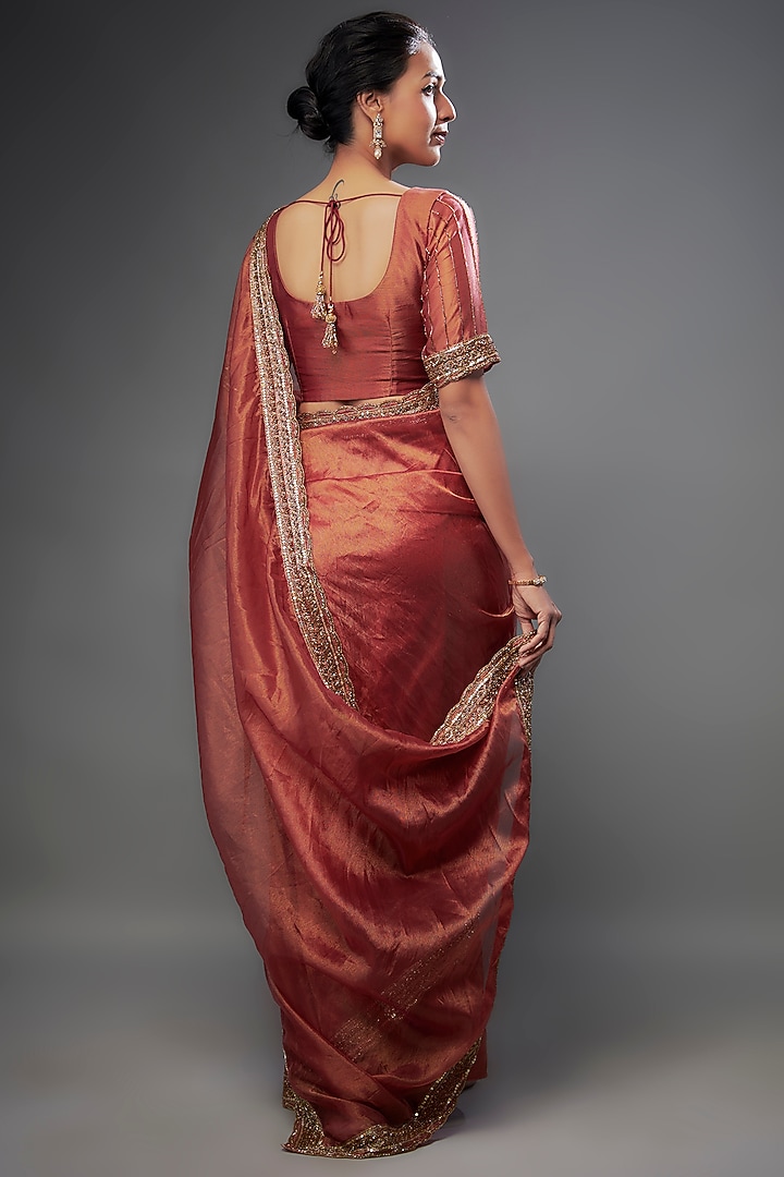 Burnt Orange Tissue Organza Cutdana Embroidered Wedding Saree Set by FATIZ at Pernia's Pop Up Shop