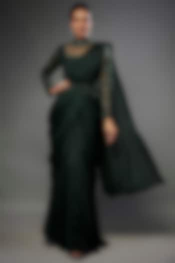 Dark Emerald Green Banglore Crepe Sequins Embellished Draped Gown Saree With Belt by FATIZ at Pernia's Pop Up Shop