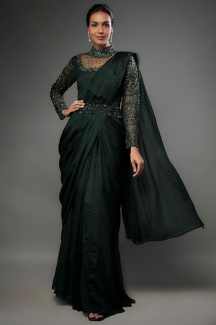 Dark Emerald Green Banglore Crepe Sequins Embellished Draped Gown Saree With Belt by FATIZ at Pernia's Pop Up Shop