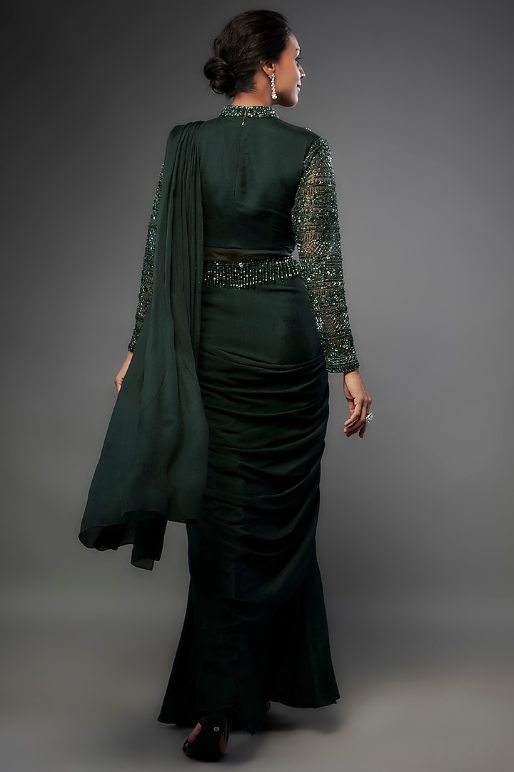 Dark Emerald Green Banglore Crepe Sequins Embellished Draped Wedding Gown Saree With Belt by FATIZ at Pernia's Pop Up Shop