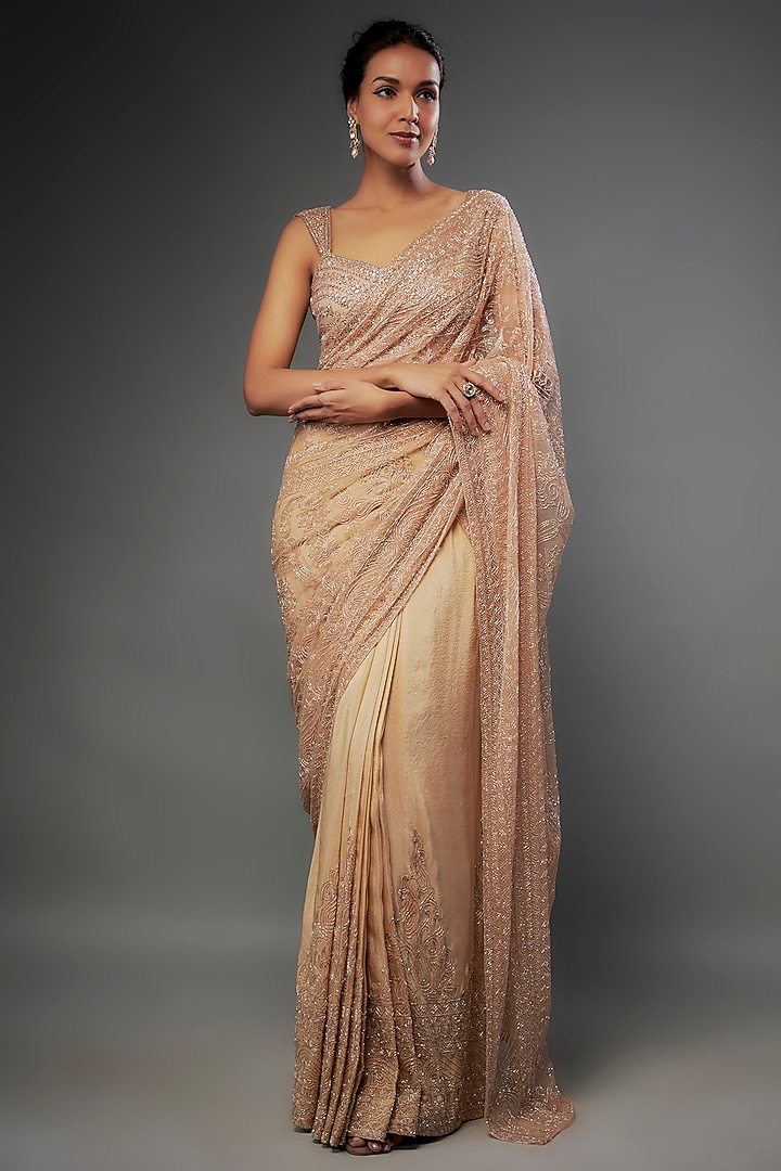 Rose Gold Georgette & Tulle Cutdana Embellished Draped Reception Saree Set by FATIZ at Pernia's Pop Up Shop