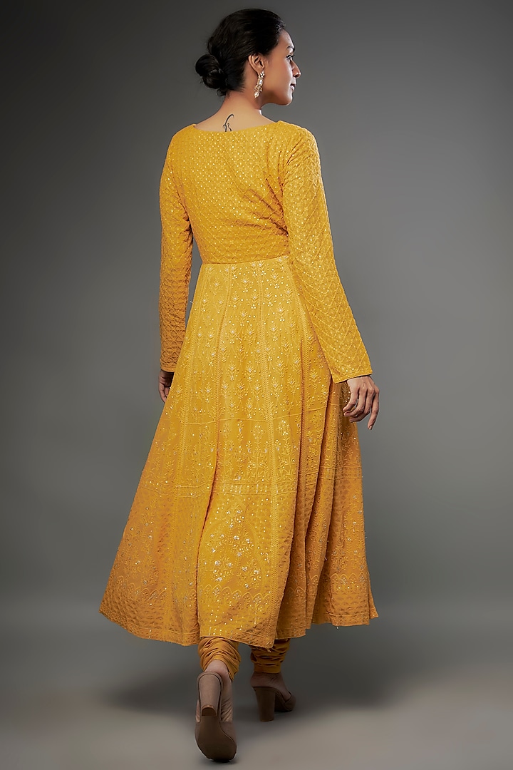 Mustard Yellow Tissue Georgette Sequins Embroidered Party Wear Anarkali Set by FATIZ at Pernia's Pop Up Shop