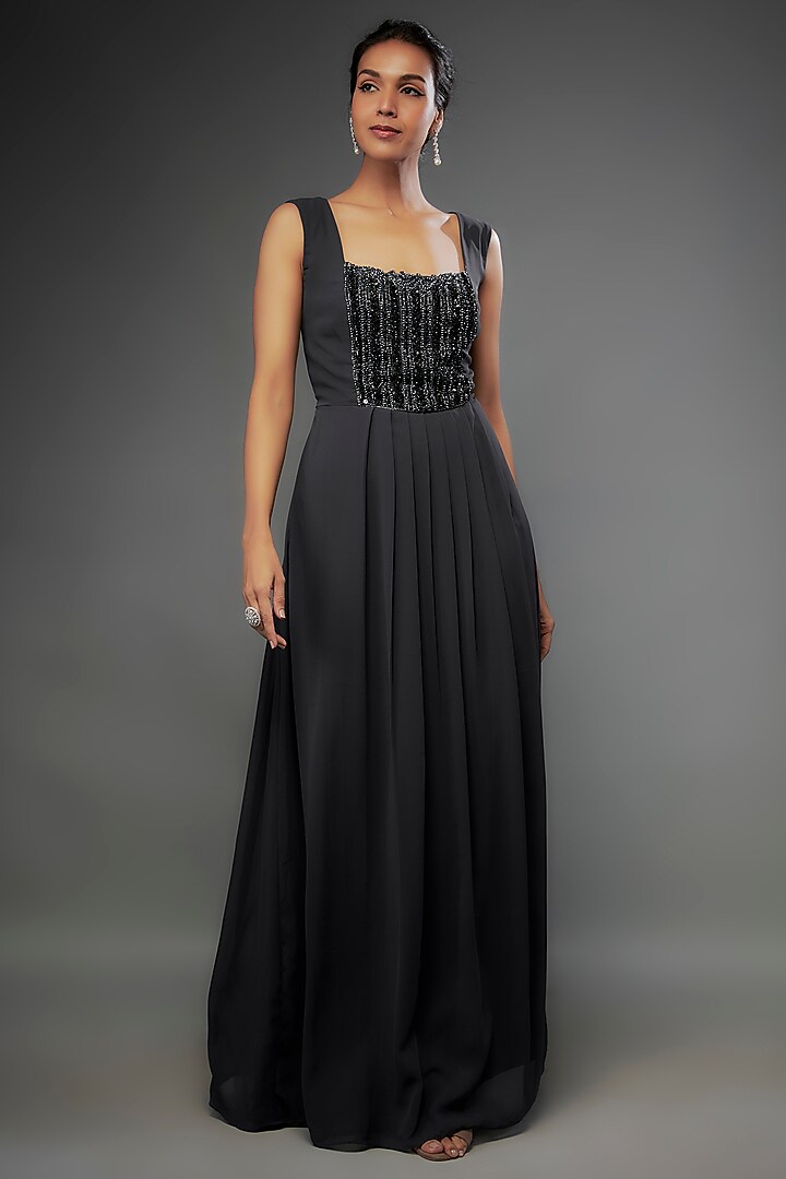 Grey Georgette Glass Crystal Embellished Party Wear Gown With Jacket by FATIZ at Pernia's Pop Up Shop