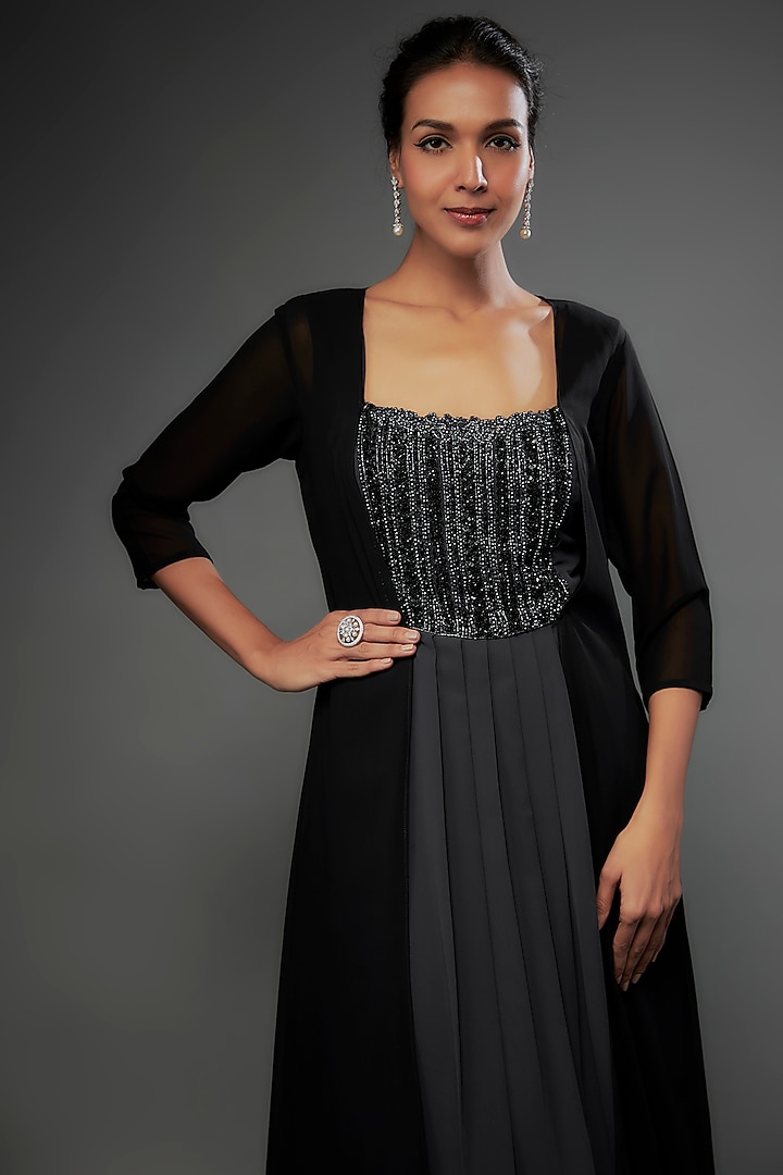 Grey Georgette Glass Crystal Embellished Party Wear Gown With Jacket by FATIZ at Pernia's Pop Up Shop