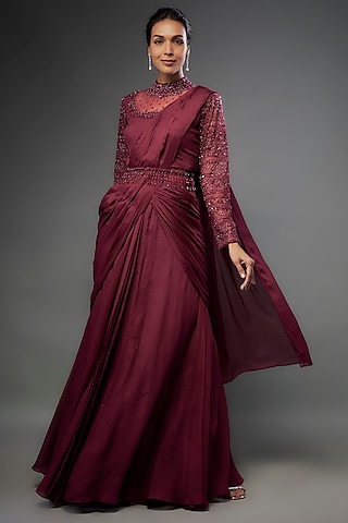 Wine Banglore Crepe Sequins Embellished Draped Gown Saree With Belt by FATIZ