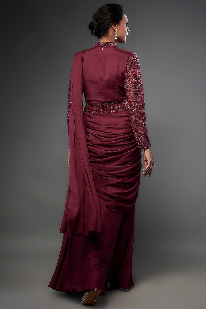 Wine Banglore Crepe Sequins Embellished Draped Wedding Gown Saree With Belt by FATIZ at Pernia's Pop Up Shop