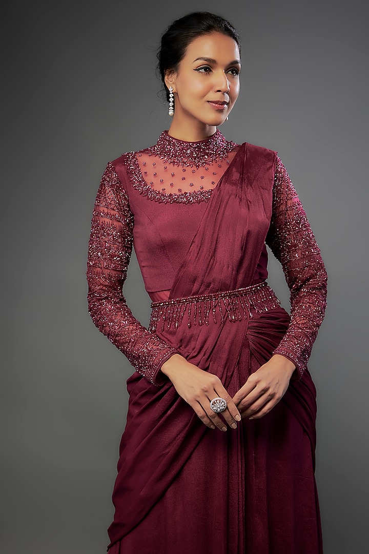 Wine Banglore Crepe Sequins Embellished Draped Wedding Gown Saree With Belt by FATIZ at Pernia's Pop Up Shop