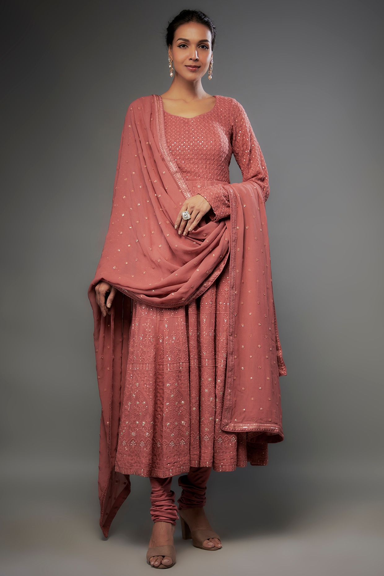 Dusty Pink Georgette Chikankari Embroidered Anarkali Kurta