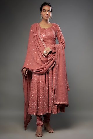 Salmon Pink Georgette Chikankari Embroidered Anarkali Set by FATIZ